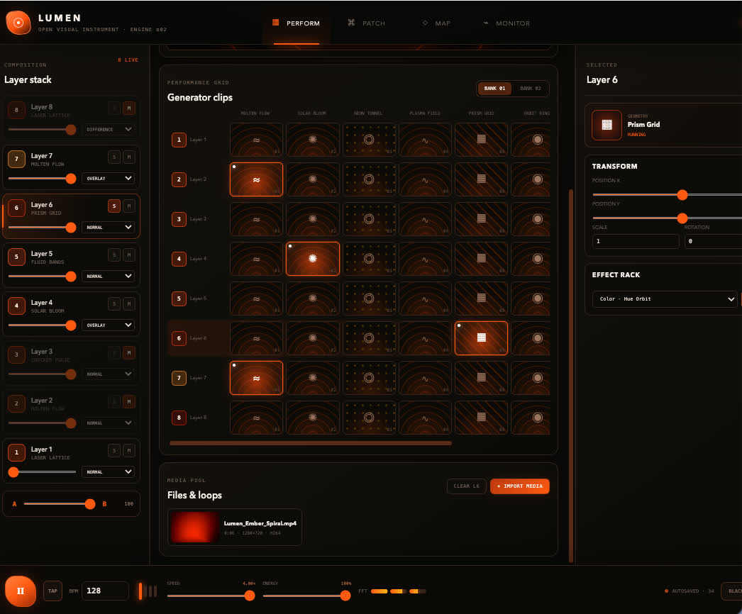 Lumen Performance-Steueroberfläche mit Layern, Generator-Matrix und Inspector